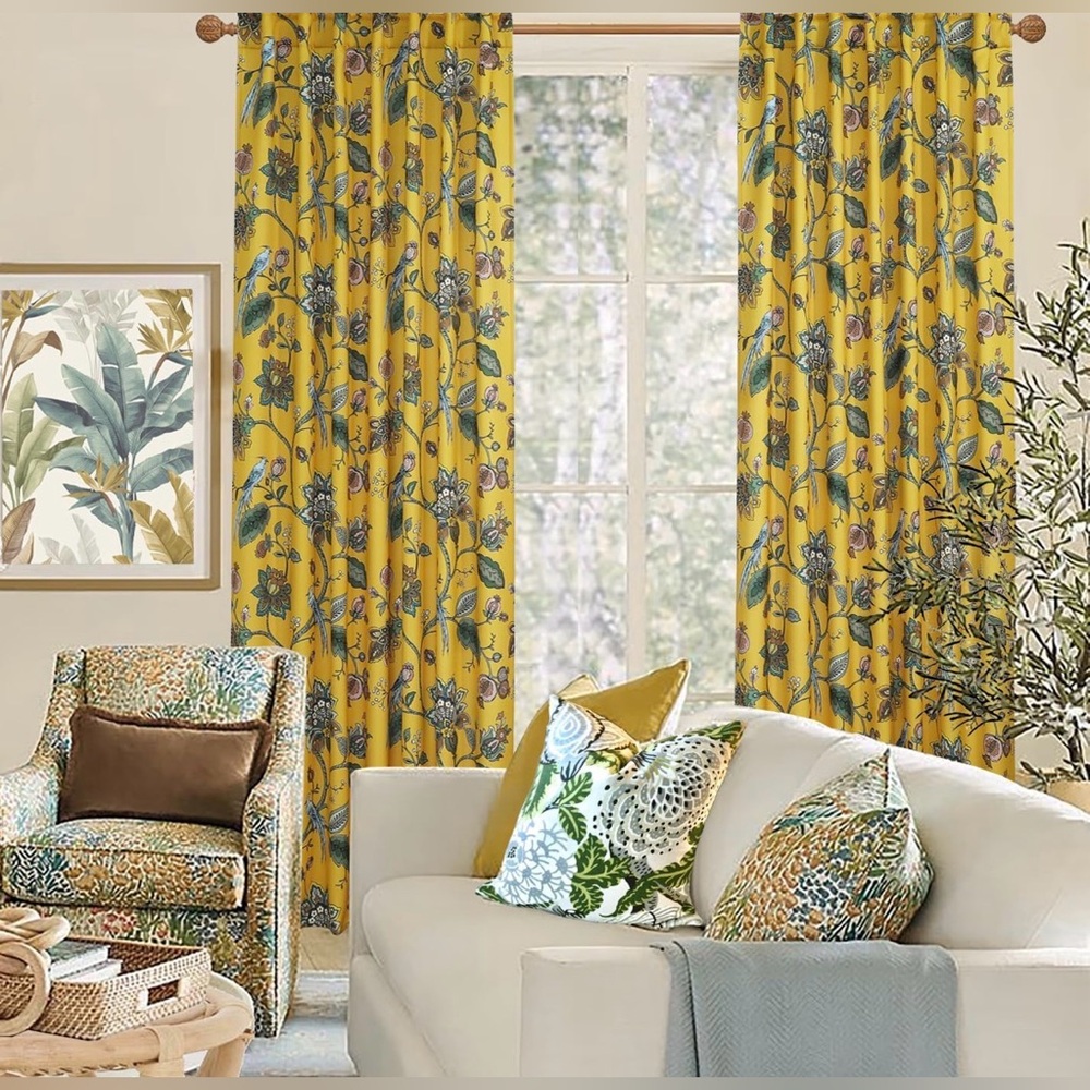 Botanical Print Yellow Window Curtains - Floral Drapes - Picture 3 of 7